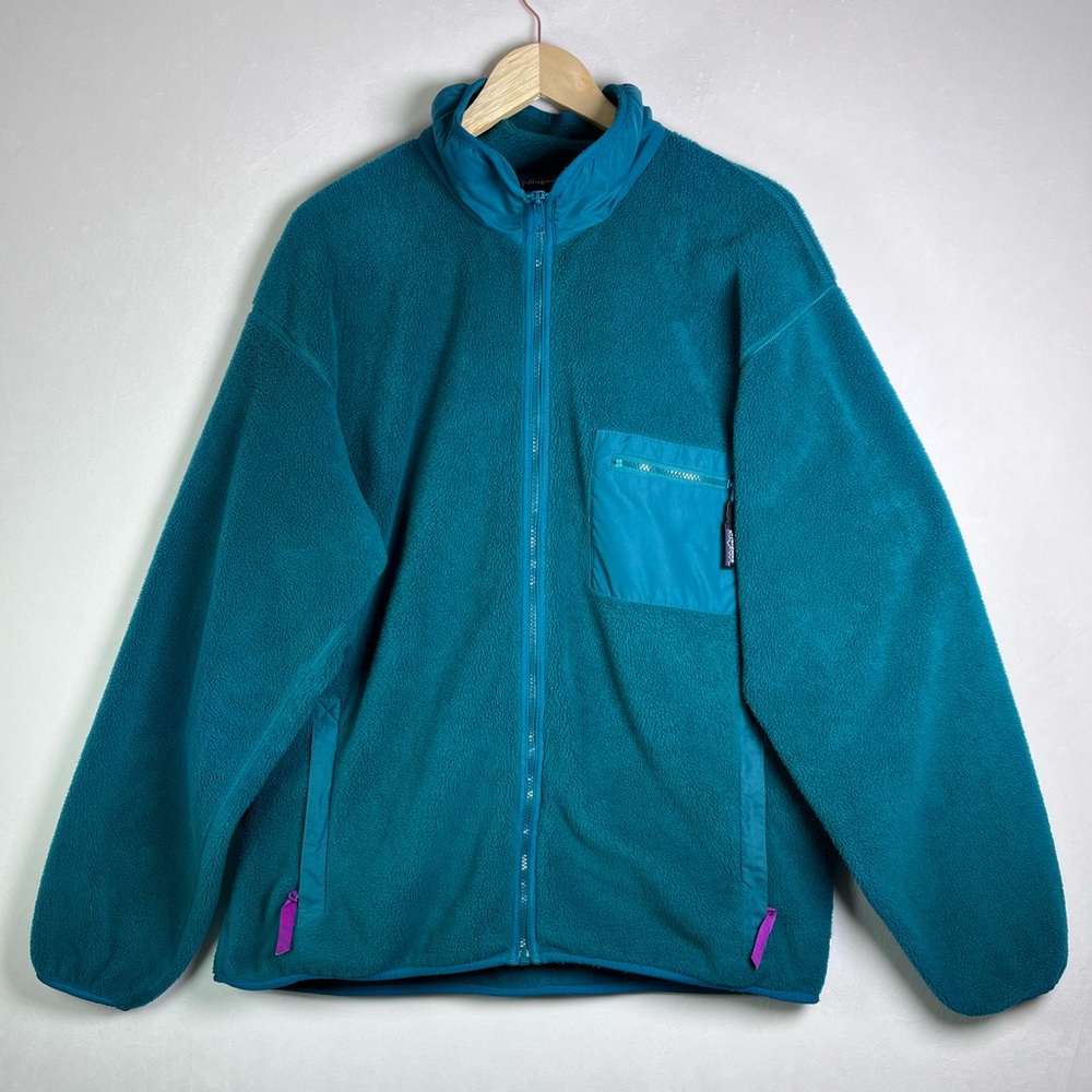 Vintage Patagonia Men Teal Fleece Jacket 90s Full Zip Synchilla Made in USA XXL
